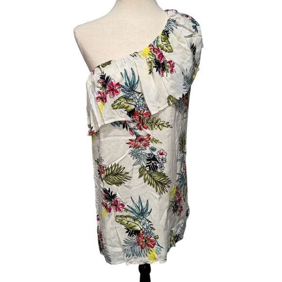 Staccato White Floral One-Shoulder Mini Dress Tropical Hawaiian Double Layer M - Picture 10 of 12